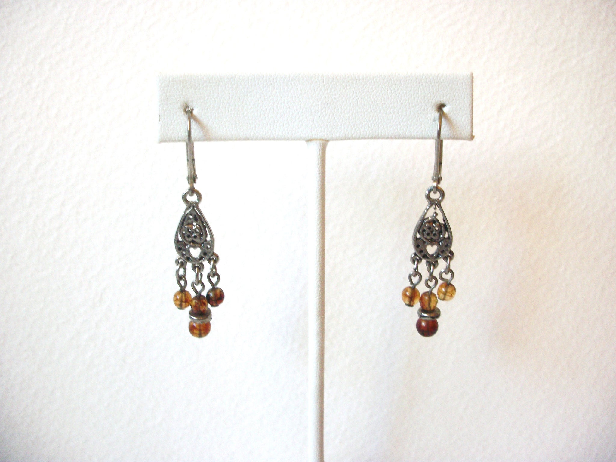 Bohemian Filigree Silver Toned Brown Glass Dangle Earrings 81517