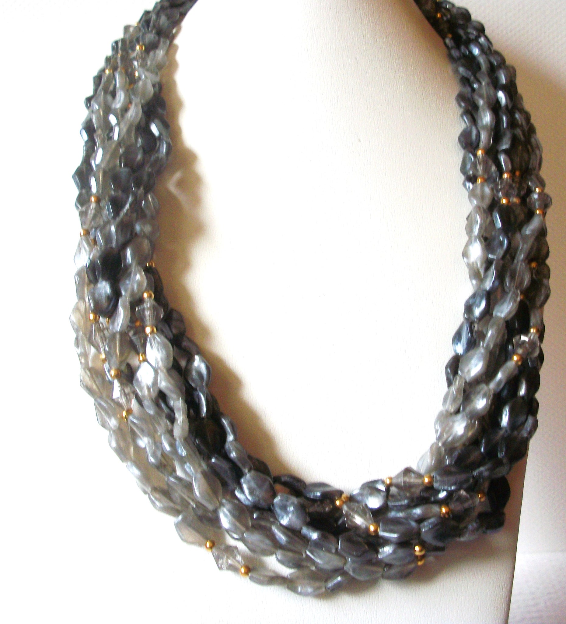 Vintage Hong Kong Gray Hand Molded Lucite Multi Strand Necklace 92517