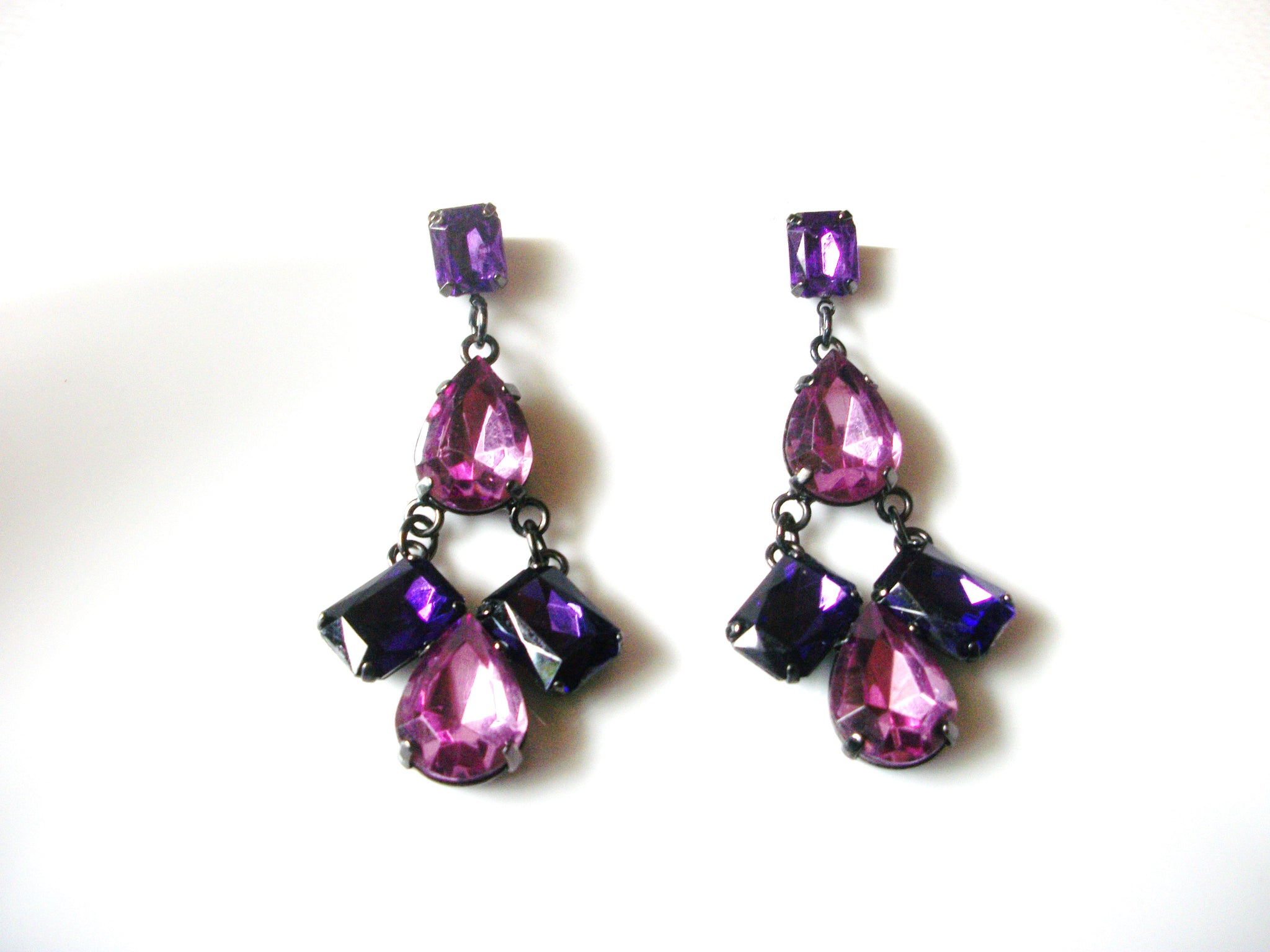 Retro Rose Pink Purple Violet Prong Set 2 1/2" Long Dangle Earrings 92816