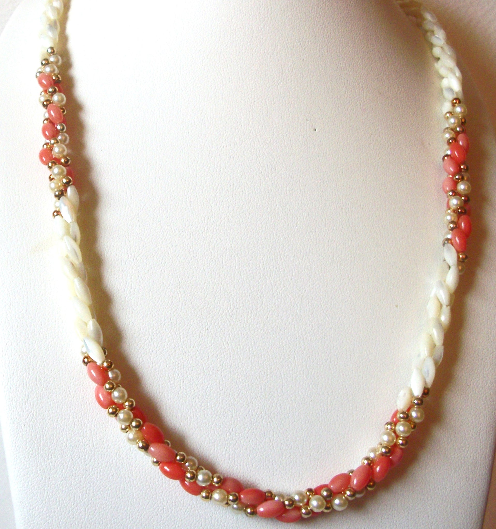 Vintage Frosted Glass Coral Pink Gold 24" Necklace 123016