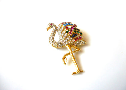 Vintage Colorful Clear Red Green Blue Bird Brooch Pin 92017