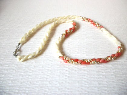 Vintage Frosted Glass Coral Pink Gold 24" Necklace 123016