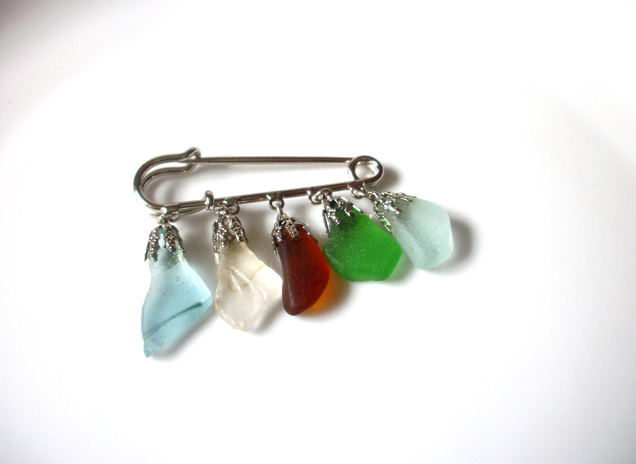 Vintage Silver Toned SEA GLASS Charms Brooch Pin 92117