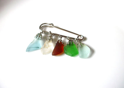 Vintage Silver Toned SEA GLASS Charms Brooch Pin 92117