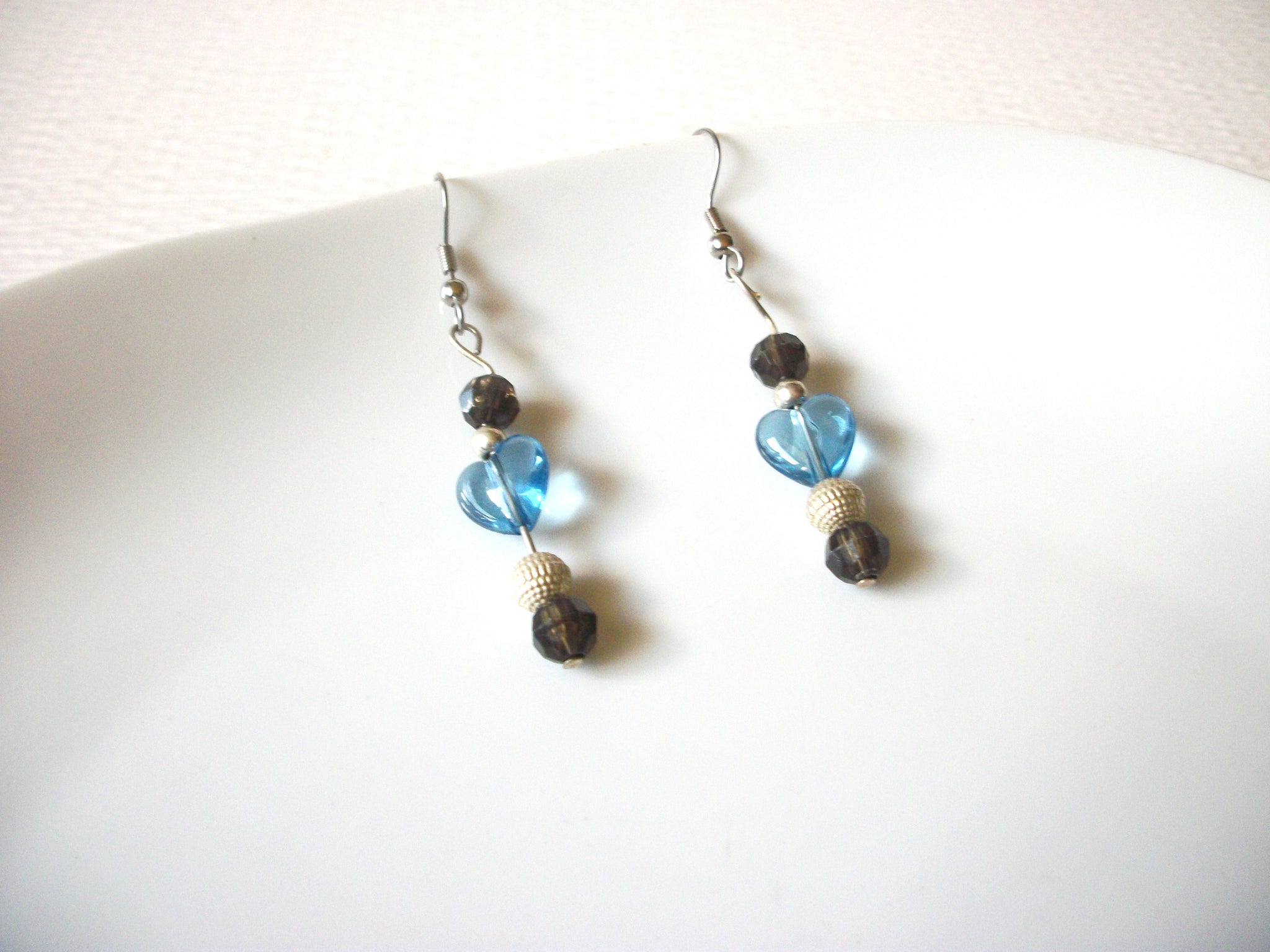 Retro Blue Heart Glass Silver Toned Dangle Earrings 92816