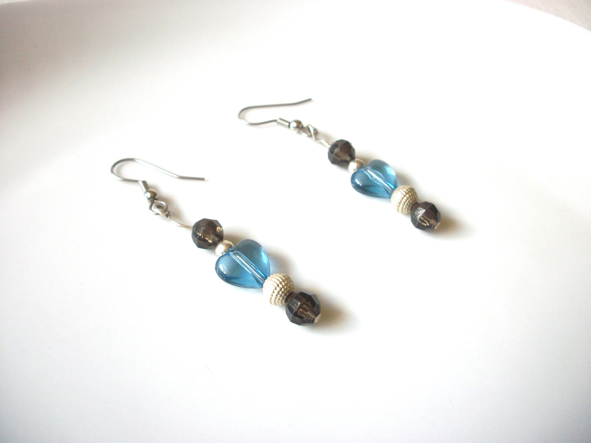 Retro Blue Heart Glass Silver Toned Dangle Earrings 92816