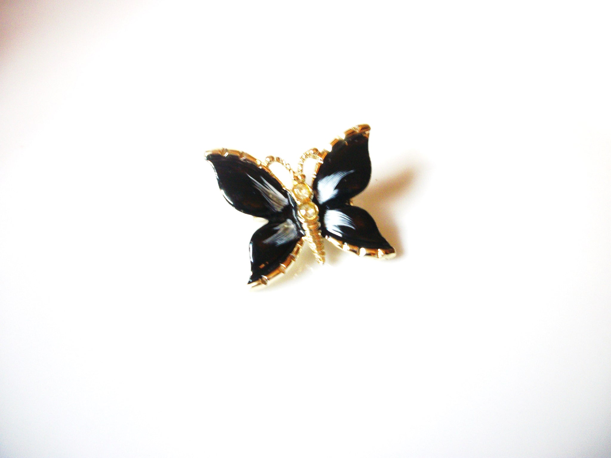 Vintage Black Gray Clear Rhinestone Enameled Butterfly Pin 81517