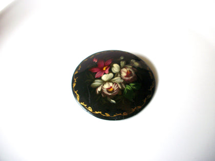 Vintage Signed 1992 Russian Wood Lacquered Floral Brooch Pin 92117