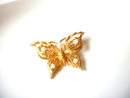 Vintage Gold Toned Faux Pearl Butterfly Brooch Pin 92017