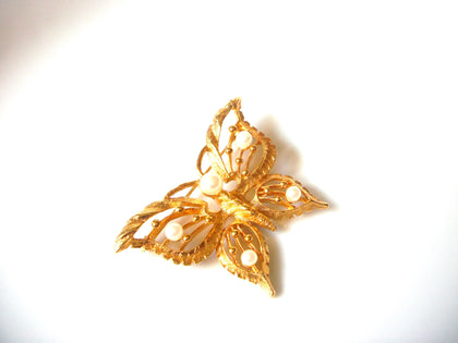 Vintage Gold Toned Faux Pearl Butterfly Brooch Pin 92017