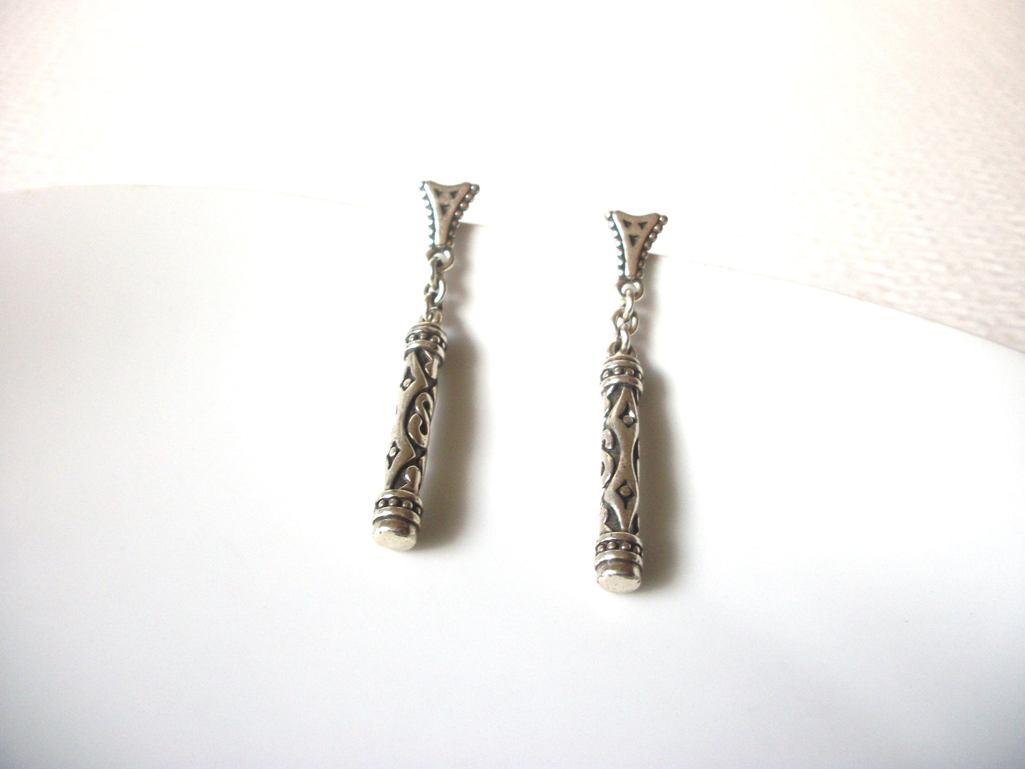 Silver Toned Roman Column Dangle Earrings 92517