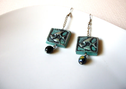 Ethnic Primitive Fish Pottery Glass 2 1/2" Long Dangle Earrings 92517
