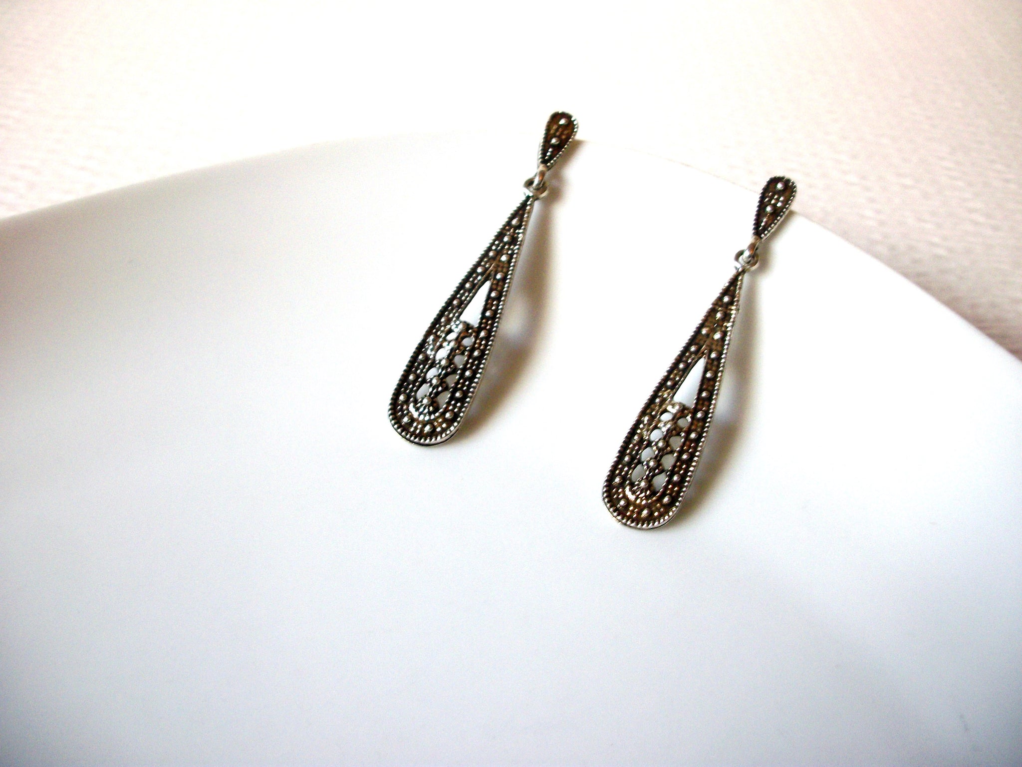 Vintage Ethnic Long Silver Toned Dangle Earrings 92517