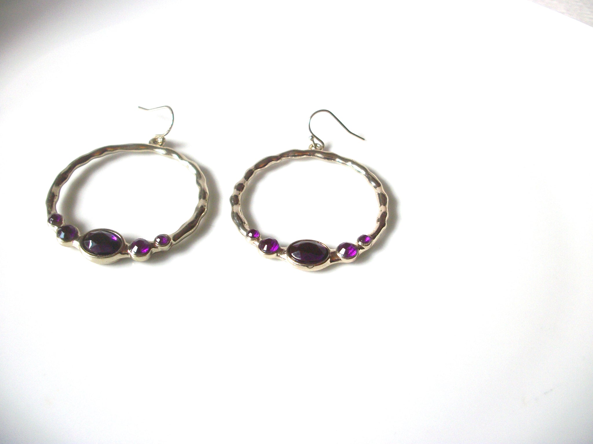 Retro Pale Gold Toned Purple Glass Dangle Earrings 92816