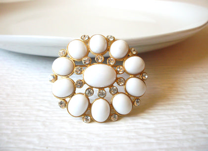 Vintage Gold White Clear Rhinestone Ornate Brooch Pin 92017