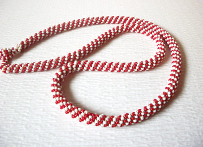 Retro Red White Glass Seed Beads 32" Necklace 92117