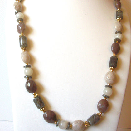 Romantic Gold Cream Gray Taupe Green Pale Mauve Lucite 32" Necklace 92816