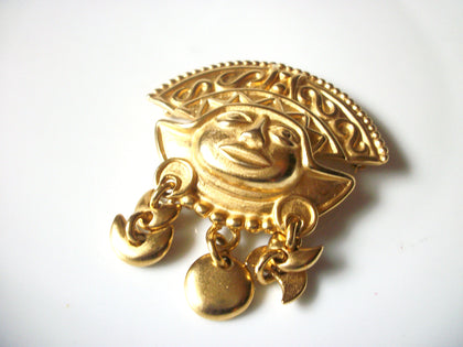 Vintage Ethnic Inca Gold Toned Mask Brooch Pin 91617