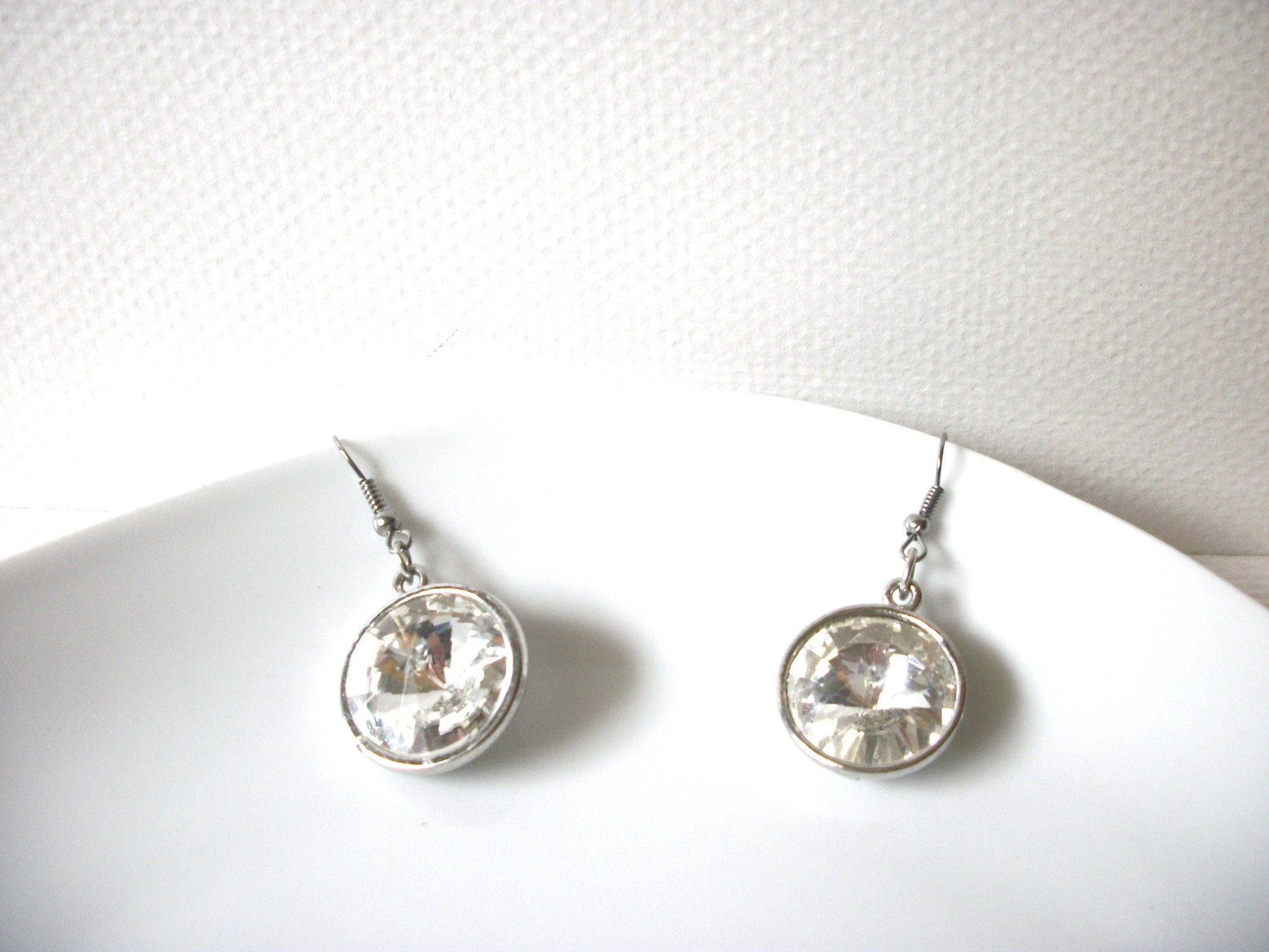 Retro Silver Toned Clear Glass Earrings 91617