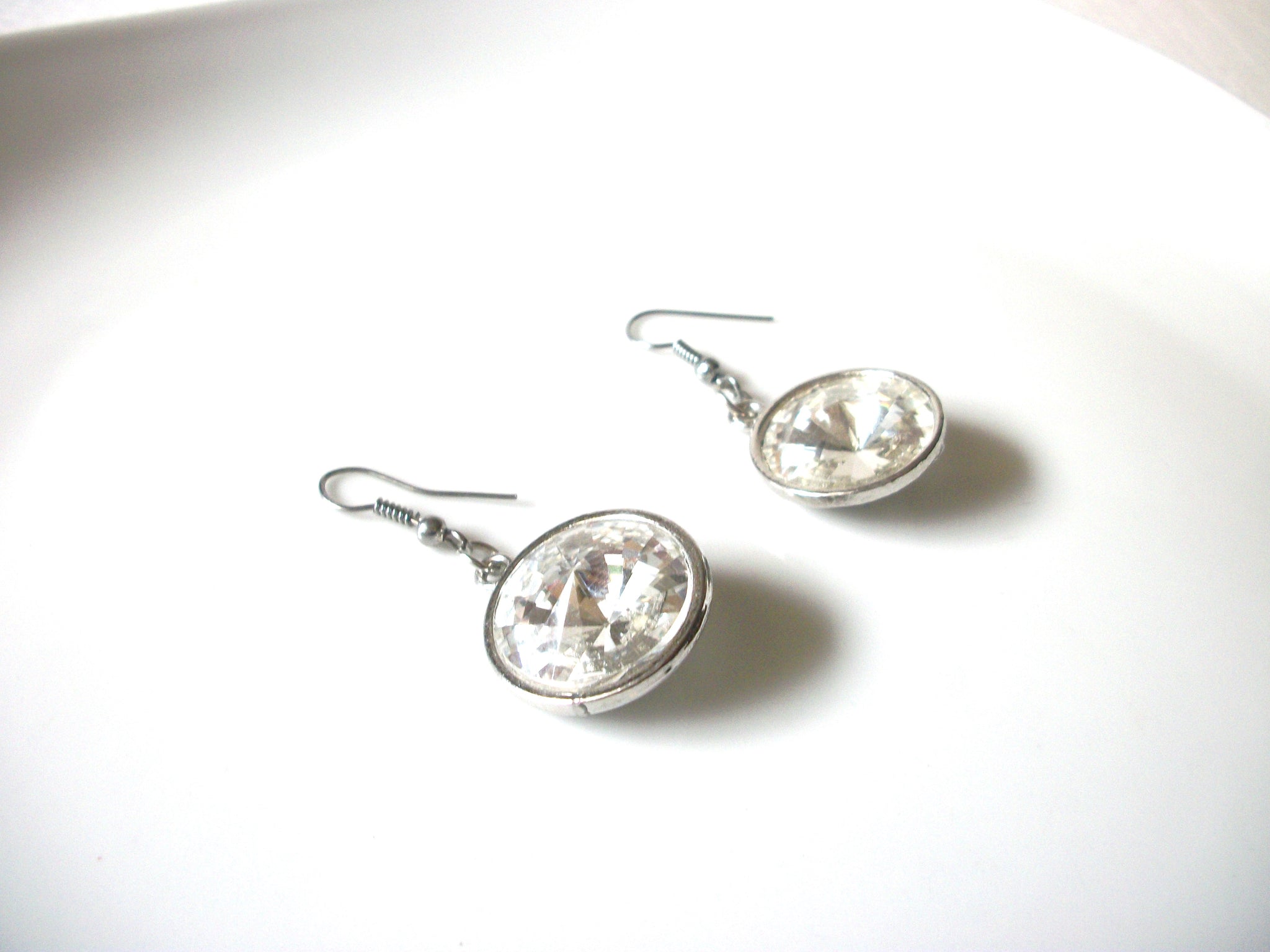 Retro Silver Toned Clear Glass Earrings 91617