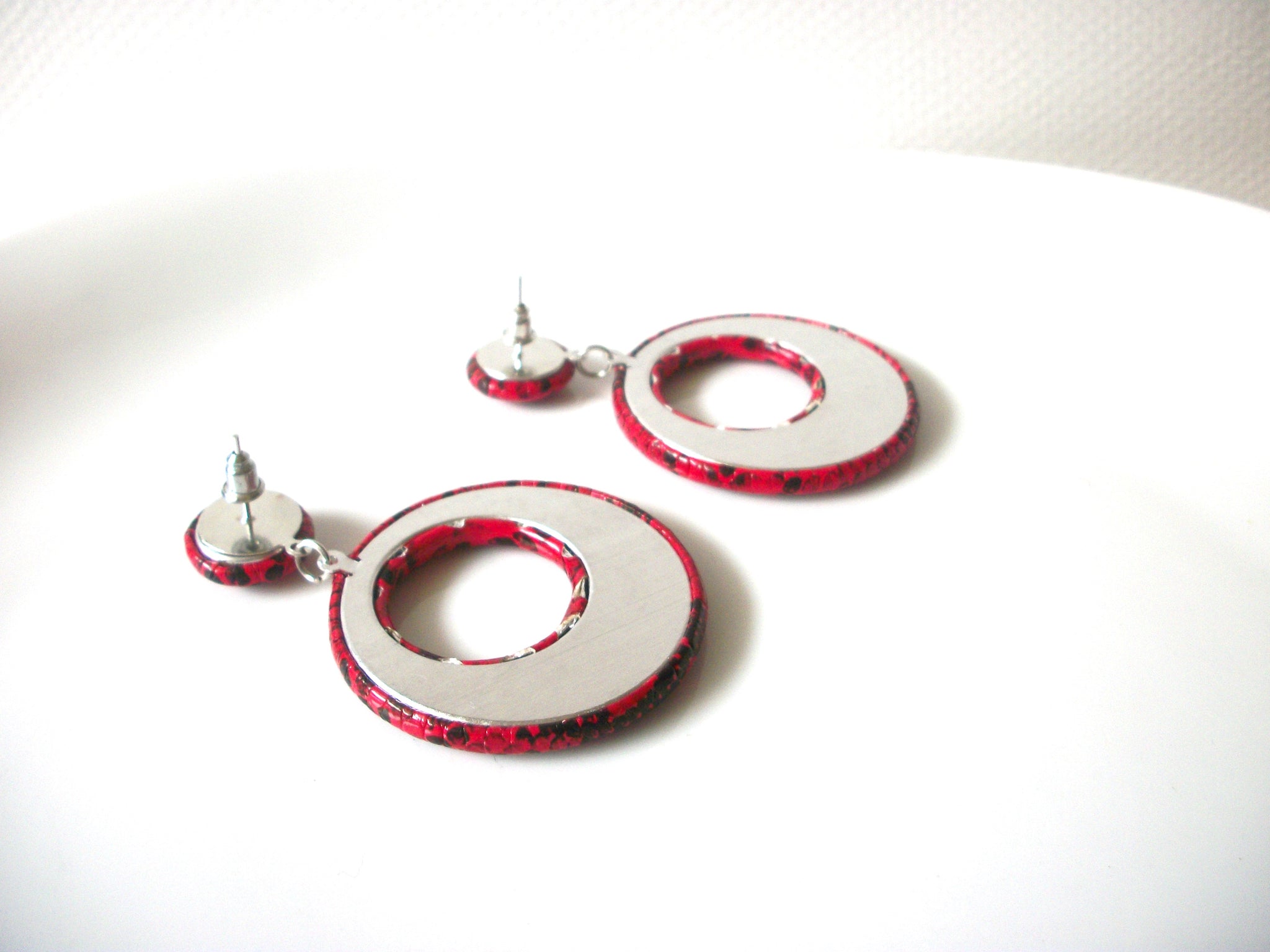 Retro Bright Red Black PU Leather Dangle Earrings 92017