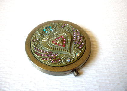 BRASS Vintage Compact Mirror Rhinestone Heart Wings Butterfly Love Purse Mirror
