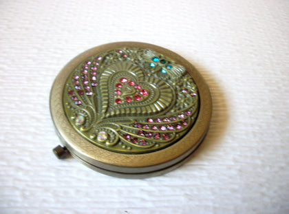 BRASS Vintage Compact Mirror Rhinestone Heart Wings Butterfly Love Purse Mirror