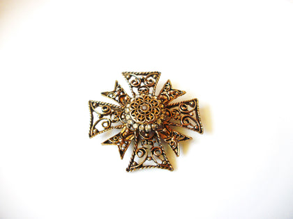 Vintage Damasque Antiqued Gold Toned Rhinestone Brooch Pin 91617