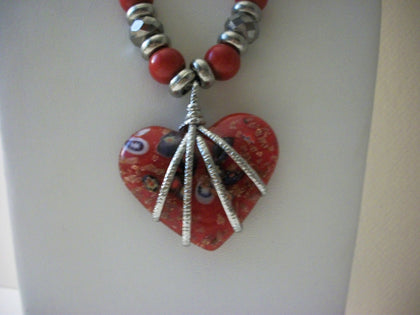 Vintage Milifiori Venetian Glass Heart Silver Tone Wired Pendant Necklace 81716