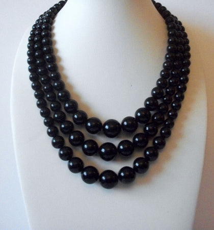 Vintage JAPAN Multi Strand Black Acrylic Necklace 71218Z
