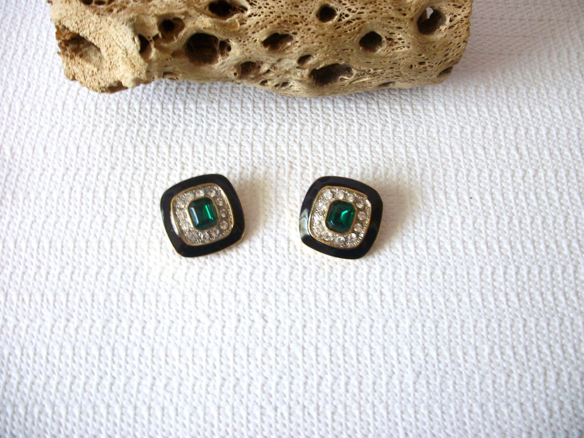 Vintage Green Clear Rhinestones Earrings 71218Z